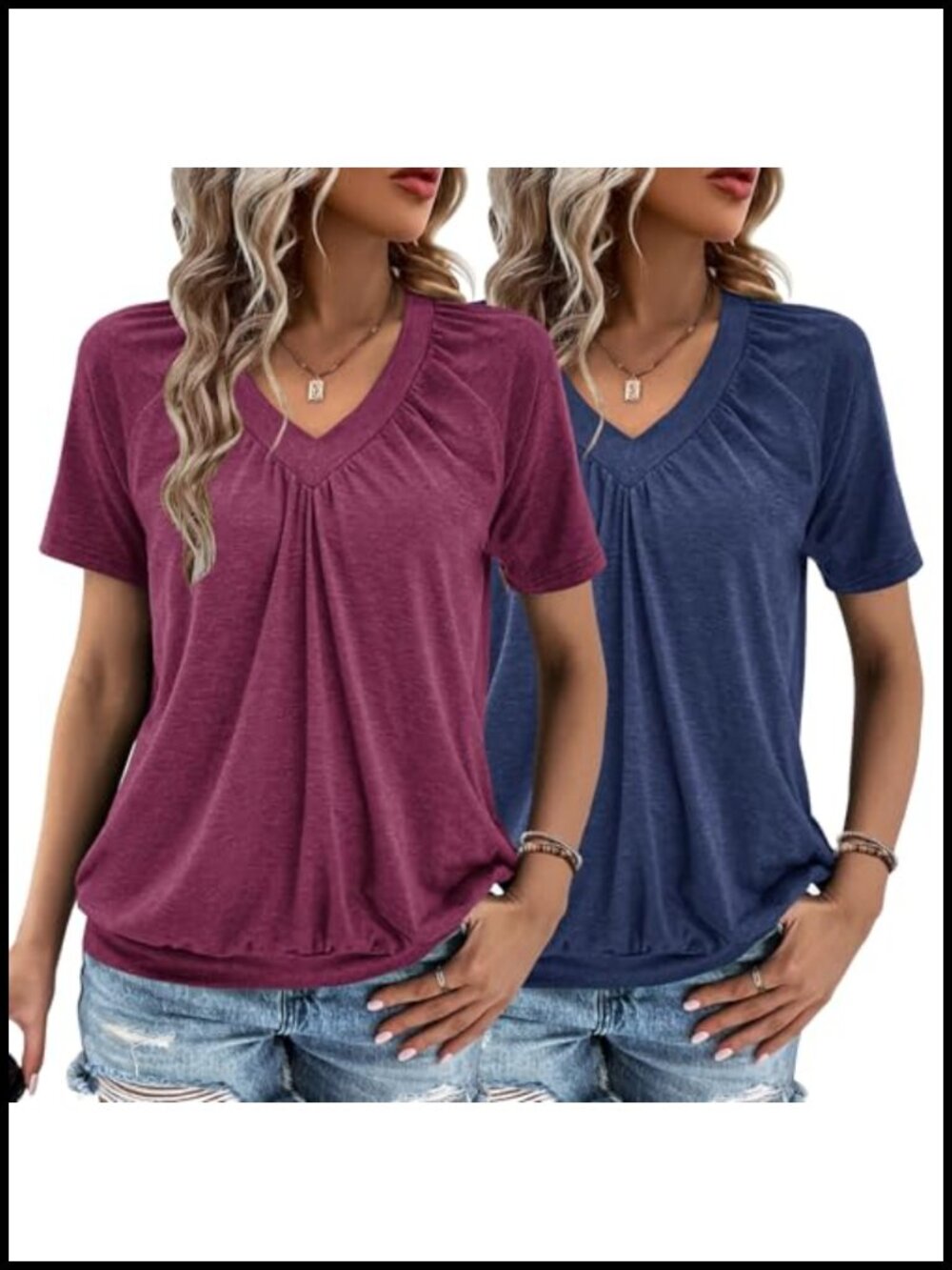 2 Pack Women's V Neck Ruched Short Sleeve Tops Casual Summer Tees